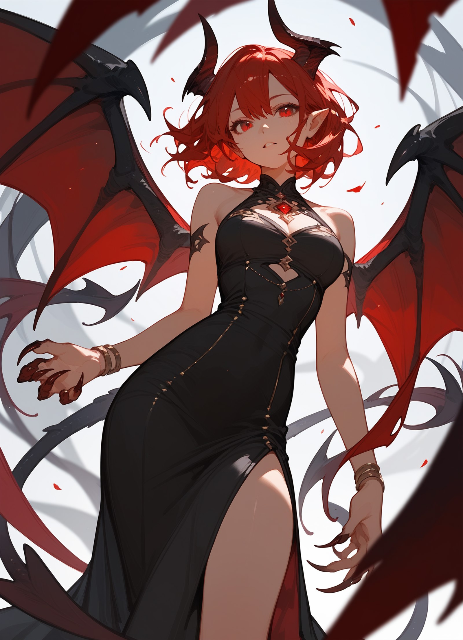 (score_9,score_8_up,score_7_up),1girl,girl demon,red hair,red eyes,wings,claws,black dress,beautiful_face,